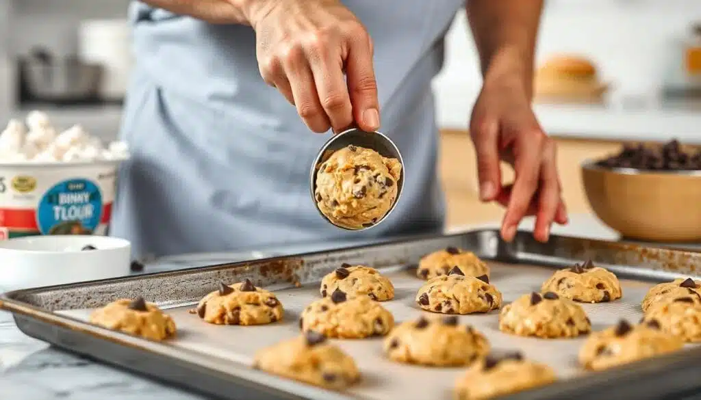 A baker’s hands scooping cookie dough onto a baking sheet with ingredients in the background.