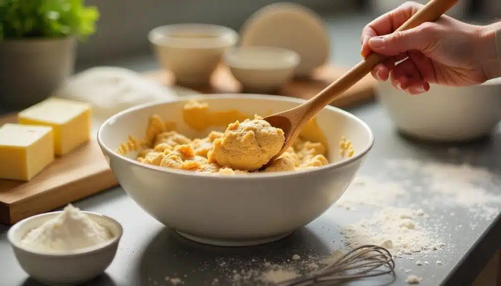 Mixing cookie dough for pumpkin pie cookies with ingredients on a kitchen counter.