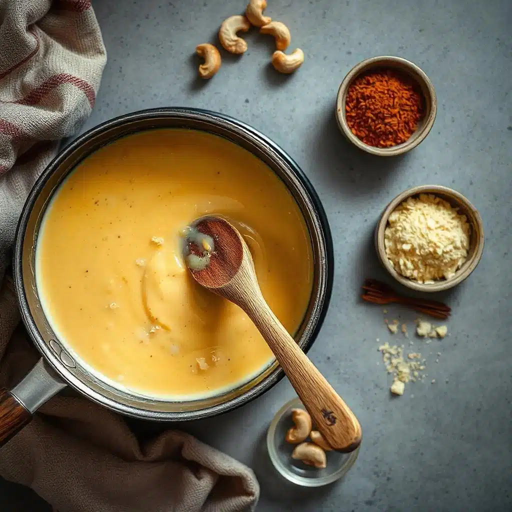 Homemade vegan cheese sauce being stirred in a saucepan, surrounded by cashews and spices on the counter.