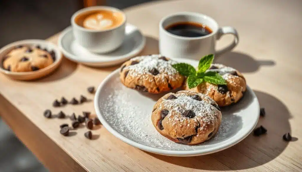 Chocolate chip cheesecake cookies elegantly arranged on a white plate with coffee and garnishes.