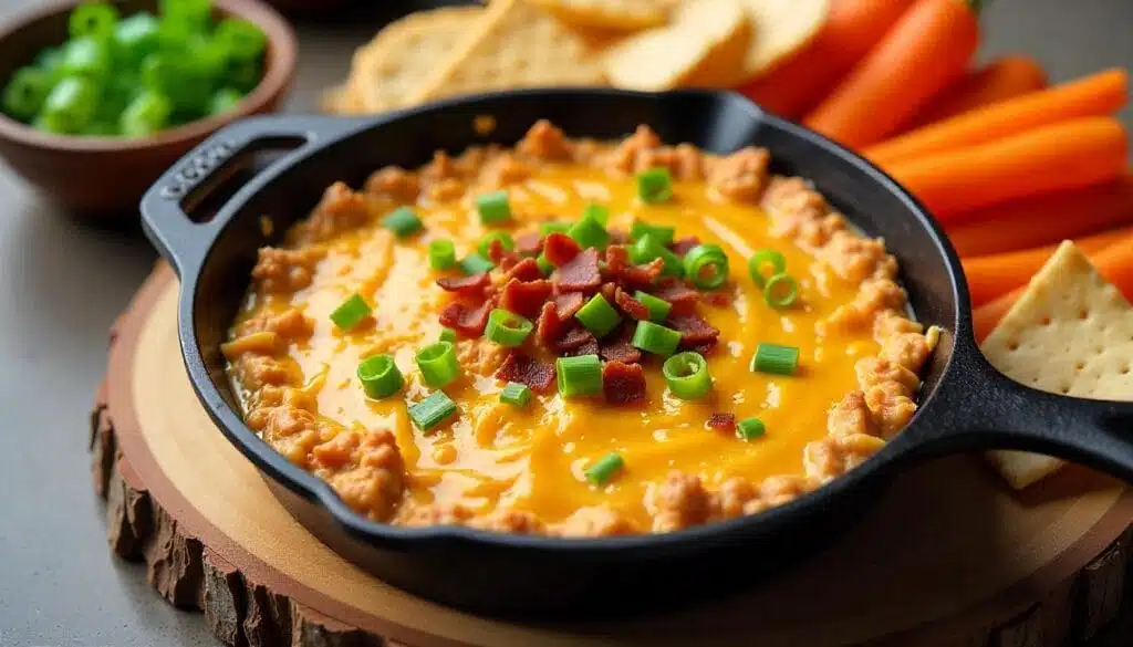 Crack chicken dip served in a cast iron skillet, topped with melted cheese, bacon, and green onions, with dippers surrounding the skillet.