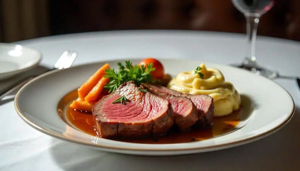 Plated prime rib roast served with mashed potatoes, roasted vegetables, and au jus, garnished with fresh herbs