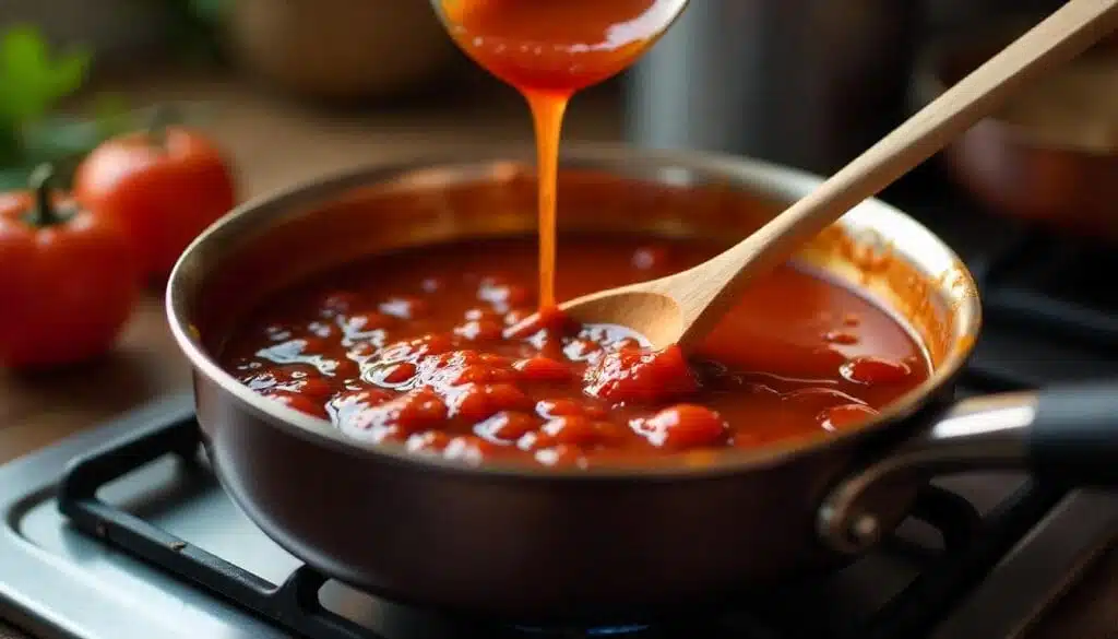 Barbecue sauce from jelly simmering in a saucepan, with a wooden spoon stirring, showing a rich, glossy texture.