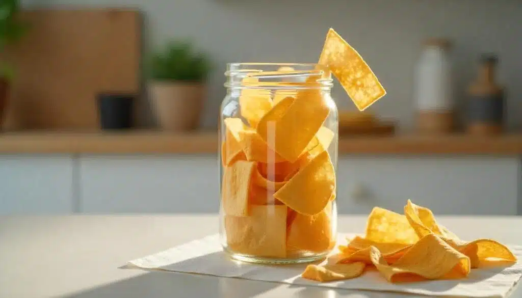 A jar filled with crispy homemade tortilla strips stored at room temperature with a paper towel inside.