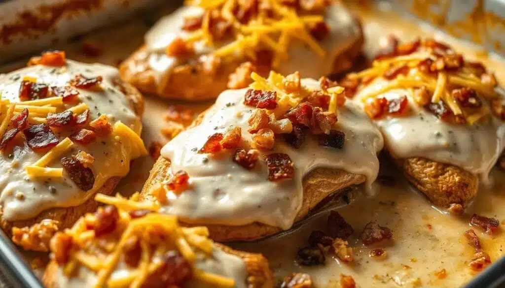 Chicken breasts topped with creamy ranch mixture, cheddar cheese, and bacon before baking.