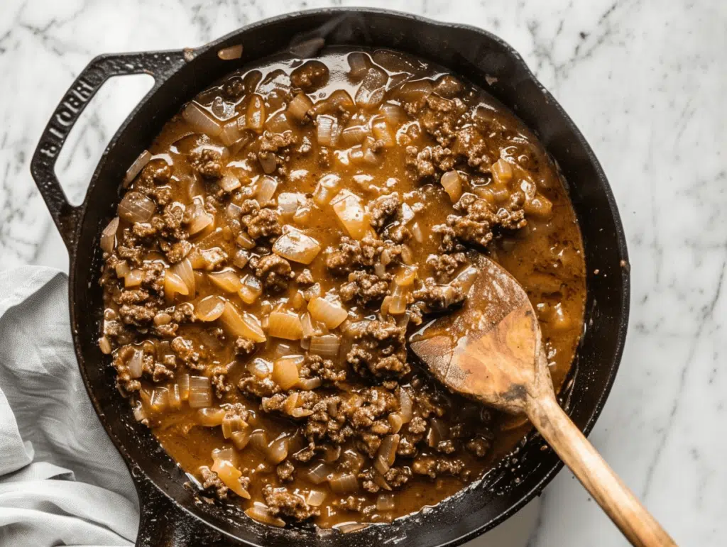 Beef gravy being made in a skillet