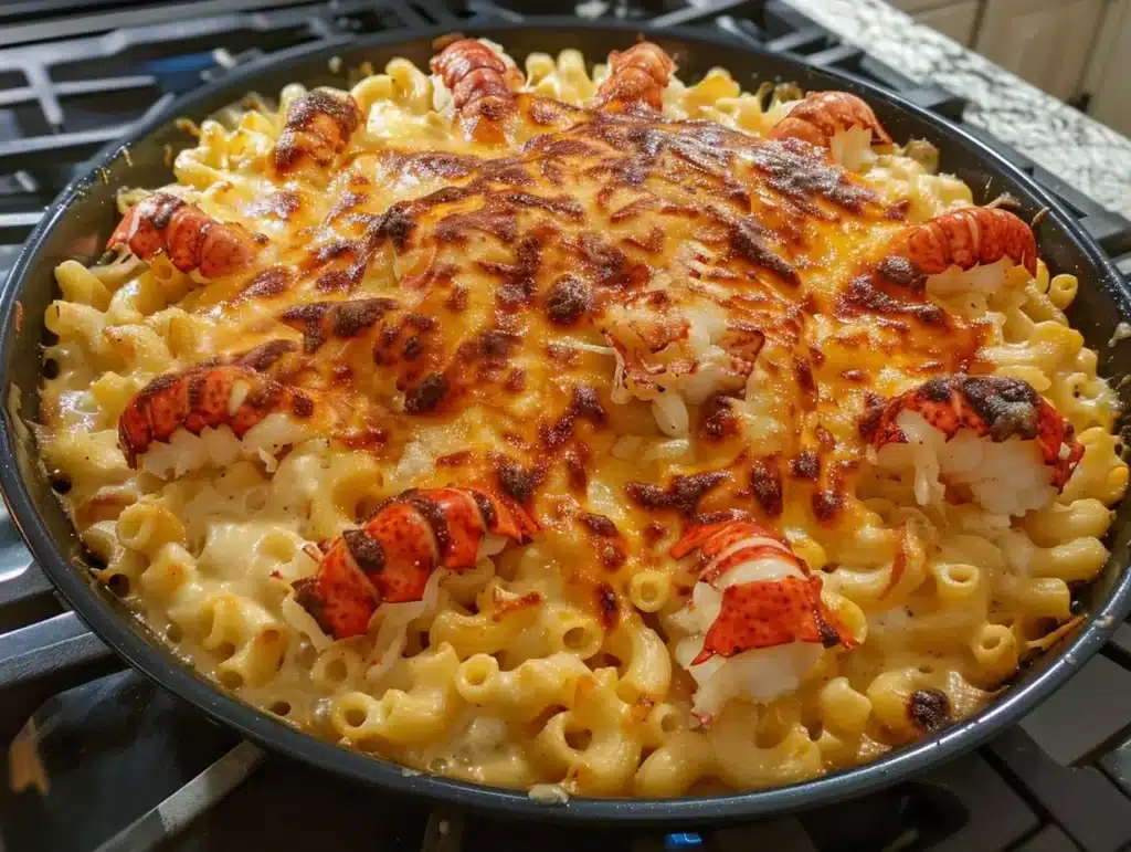 Close-up of creamy lobster mac and cheese with a golden crust.
