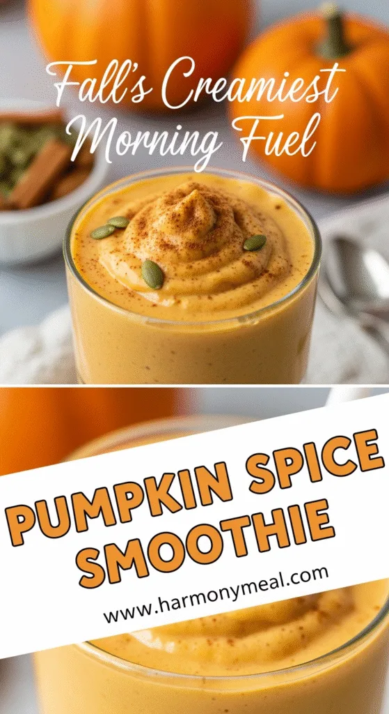 Pumpkin spice smoothie creamy texture with cinnamon and pepitas garnish