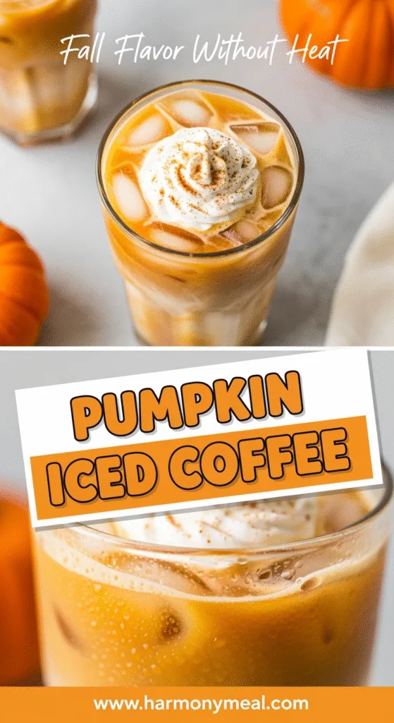Pumpkin iced coffee with creamy swirls and whipped cream topping