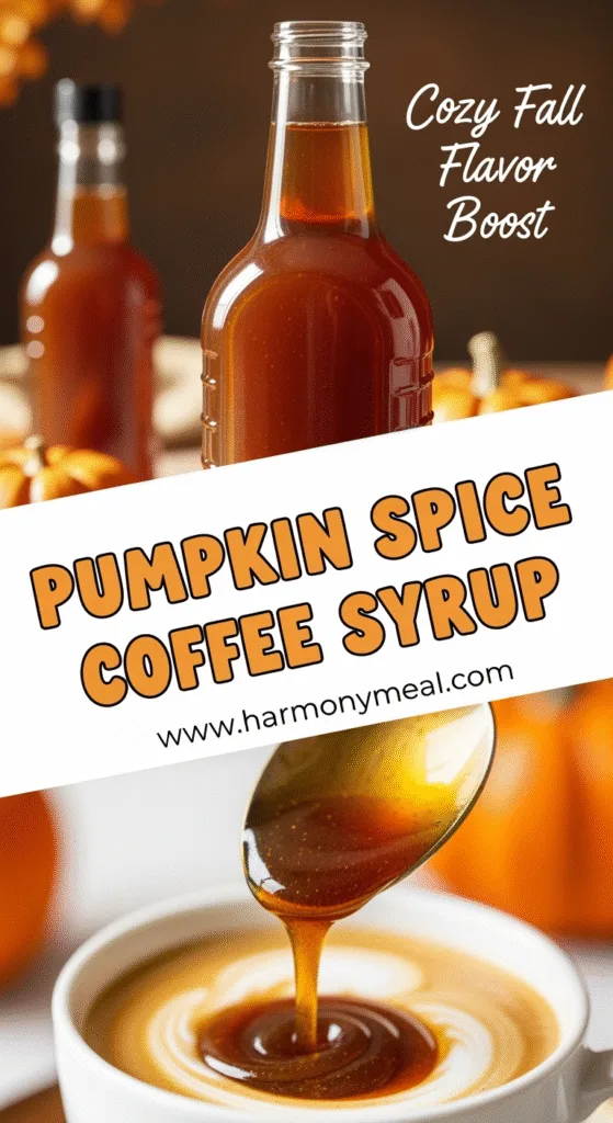 Pumpkin spice coffee syrup bottle and drizzle on coffee close-up.