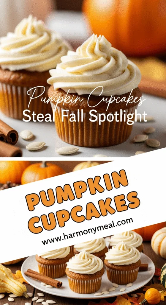 Moist pumpkin cupcakes with cream cheese frosting and cinnamon spice topping
