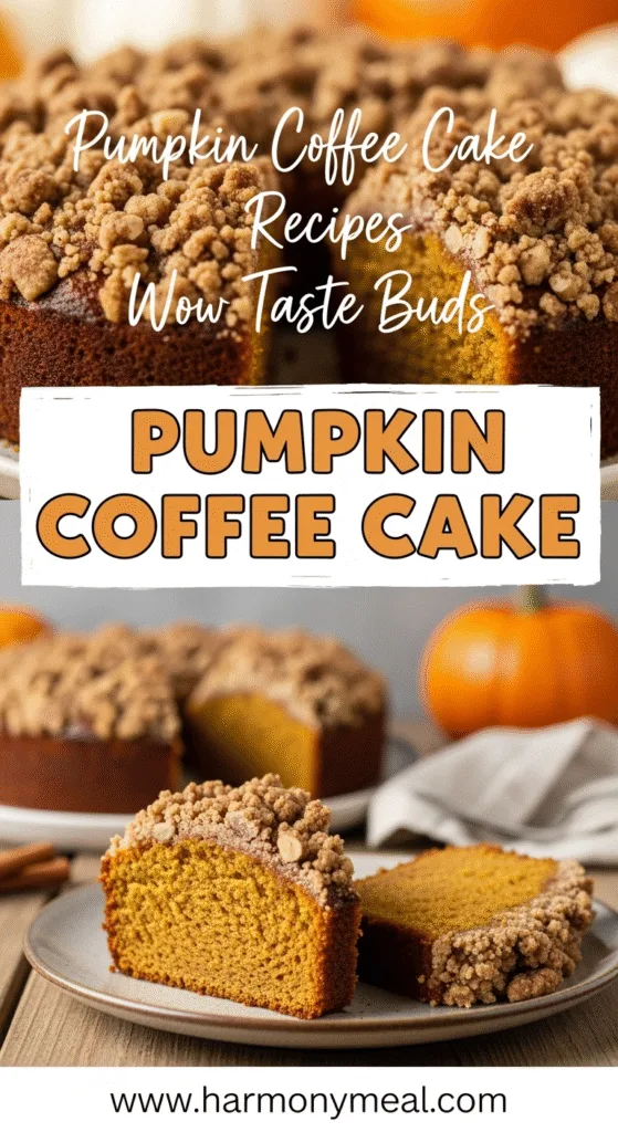 Pumpkin coffee cake slice with cinnamon streusel and vanilla glaze topping