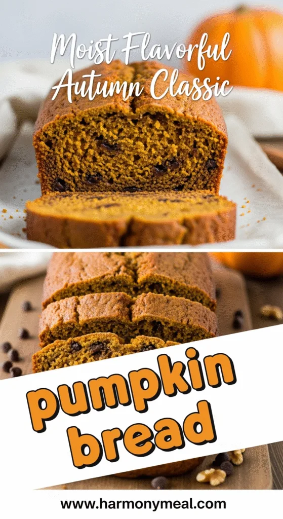 Moist pumpkin bread loaf with cinnamon, nutmeg, walnuts, and chocolate chips