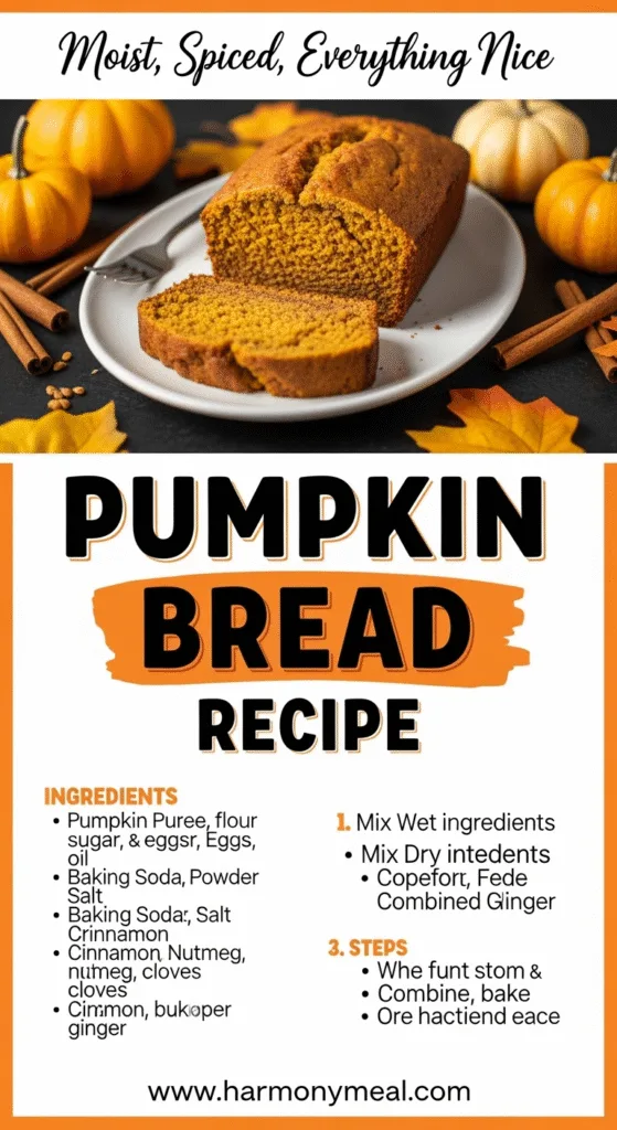Moist spiced pumpkin bread recipe slice with fall decor and ingredients