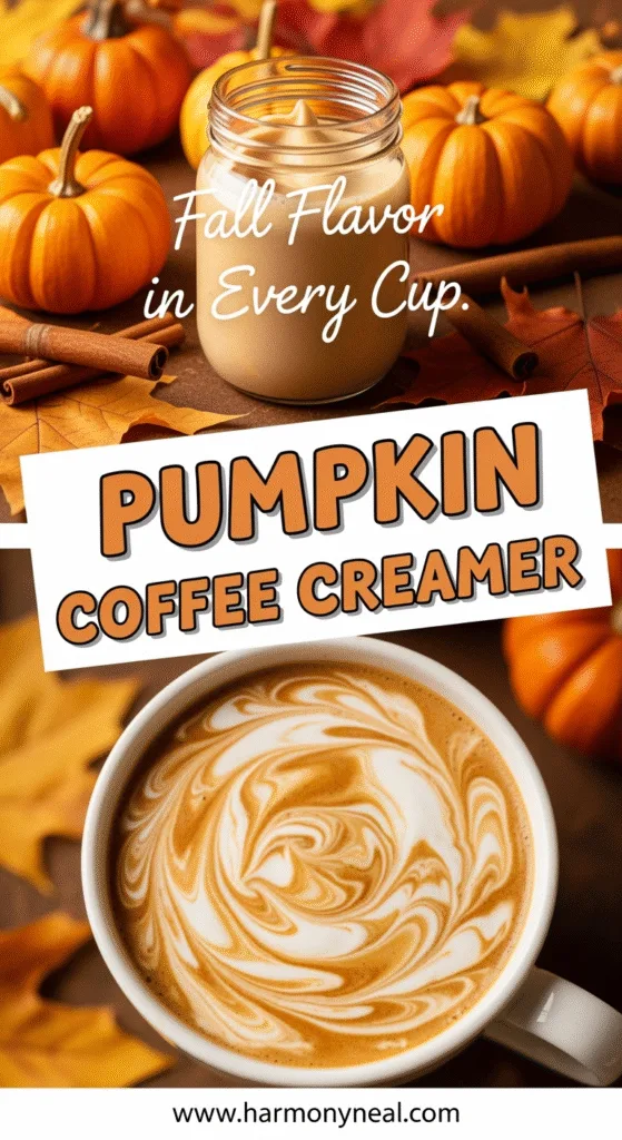 Pumpkin coffee creamer in glass jar with autumn decor and coffee
