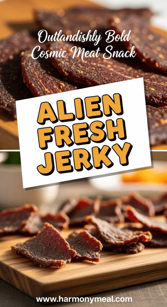 Alien fresh jerky slices vibrant close-up rustic board warm tones