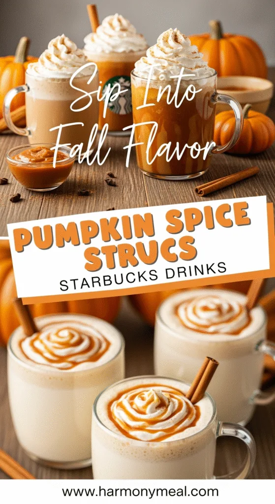 Pumpkin spice Starbucks drinks with creamy whipped cream and autumn decor