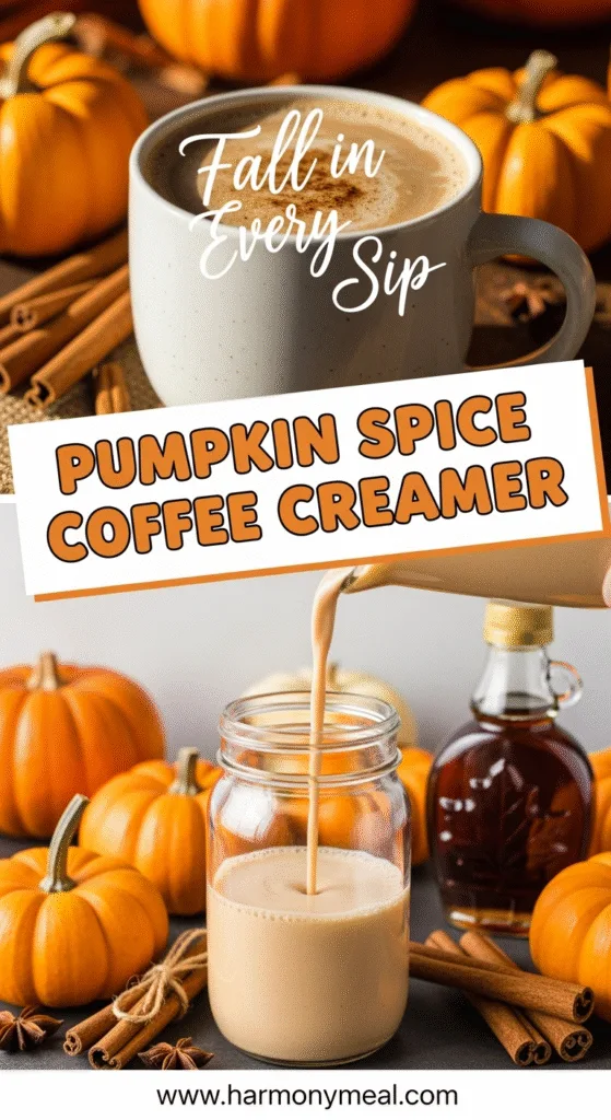 Pumpkin spice coffee creamer with pumpkins and cinnamon sticks close-up