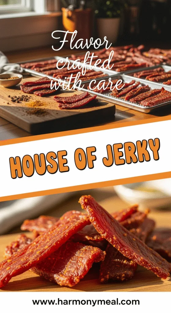House of Jerky marinated beef jerky strips on rustic wooden board