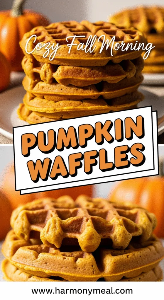 Stack of crispy pumpkin waffles with warm fall colors and spices