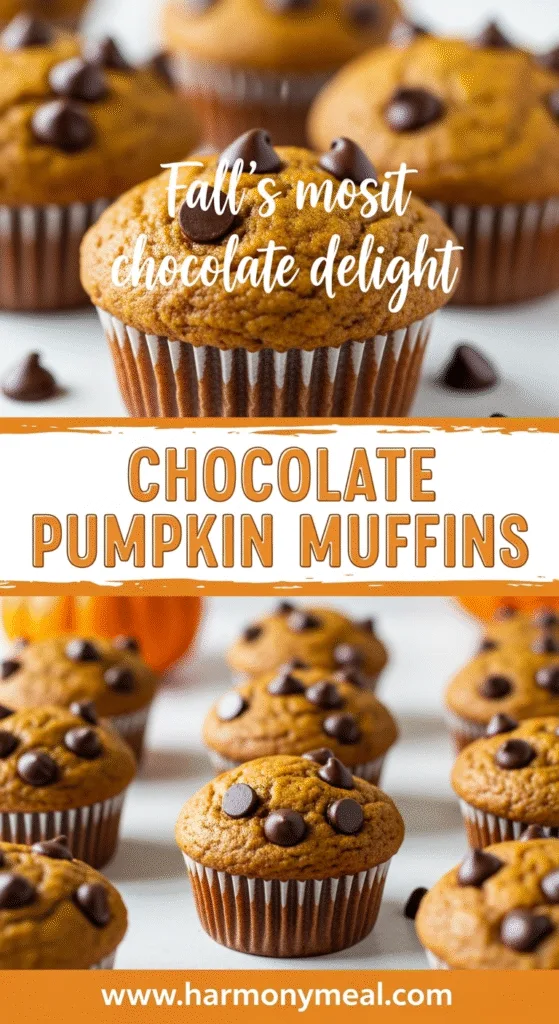 Chocolate pumpkin muffins with rich chocolate chips in vibrant fall setting.
