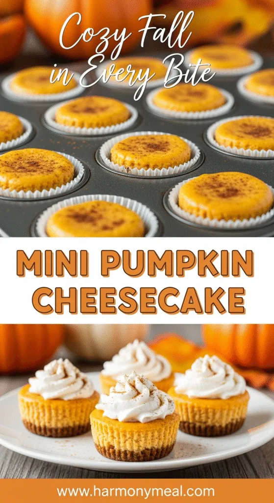 Mini pumpkin cheesecake recipe showing creamy filling and graham crust.