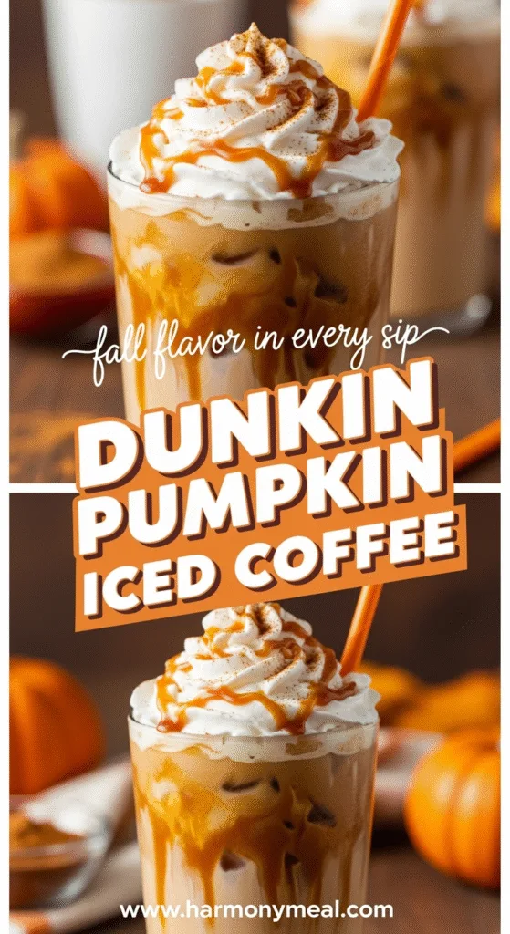 Dunkin pumpkin iced coffee close-up with whipped cream and caramel drizzle