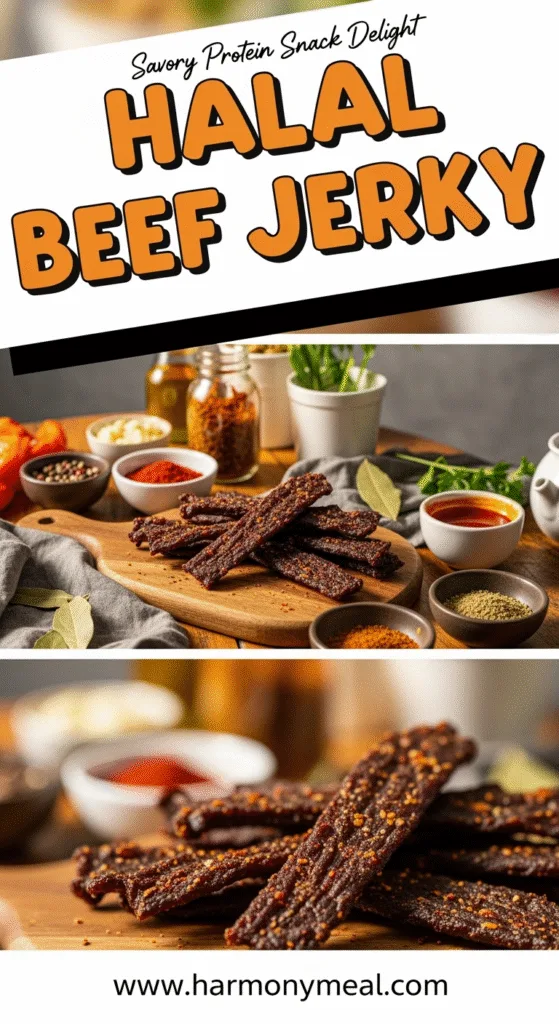 Halal beef jerky deliciously spiced savory protein snack on wooden board