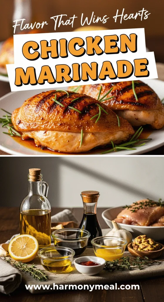 Chicken marinade recipe with juicy cooked chicken and fresh raw ingredients