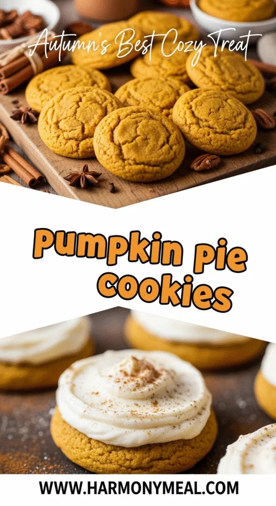 Pumpkin pie cookies with cinnamon cream cheese frosting on rustic board