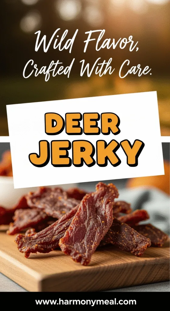Appetizing deer jerky on rustic board with warm natural lighting