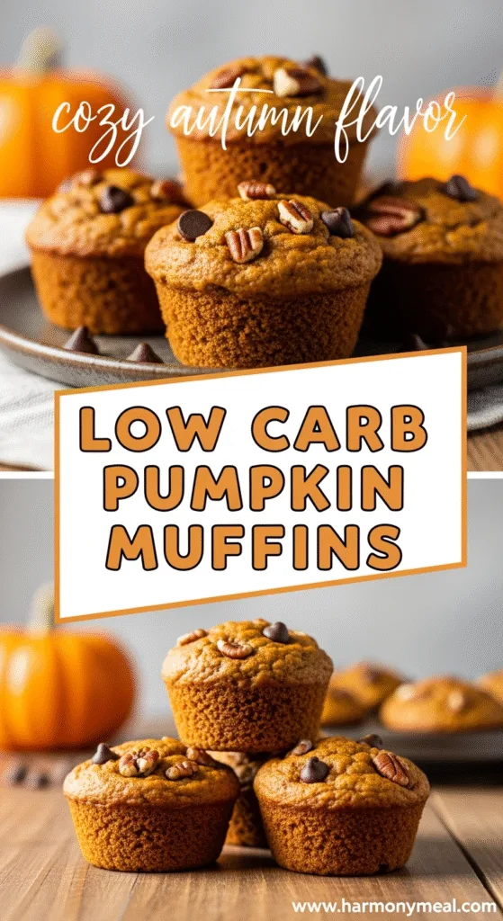 Low carb pumpkin muffins with moist crumb and crisp tops on rustic plate