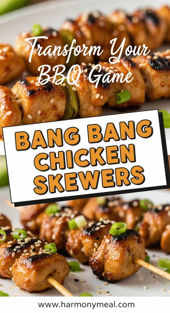 Bang Bang Chicken Skewers with glossy sauce and fresh green garnish