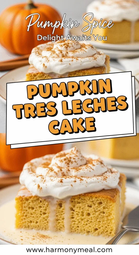 Pumpkin tres leches cake with moist crumb and creamy cinnamon topping