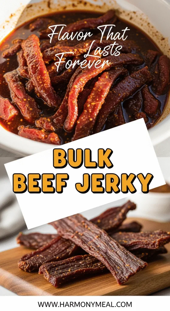 Bulk beef jerky marinating and dried strips in vibrant Pinterest photo