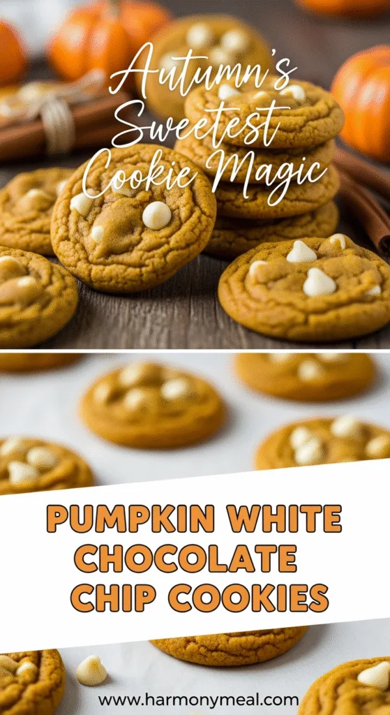 Pumpkin white chocolate chip cookies stacked on rustic wooden surface.