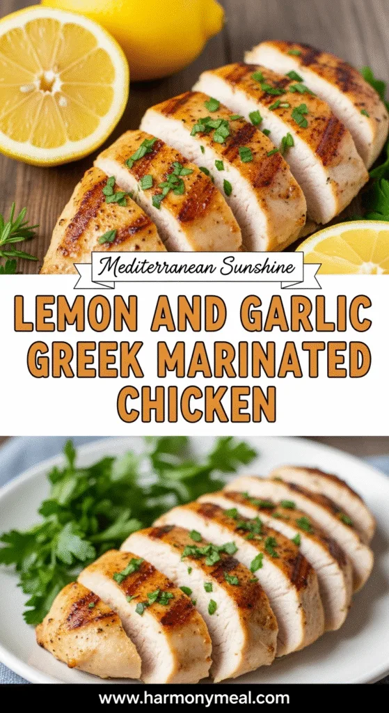 Lemon and garlic Greek marinated chicken with fresh herbs and lemon slices