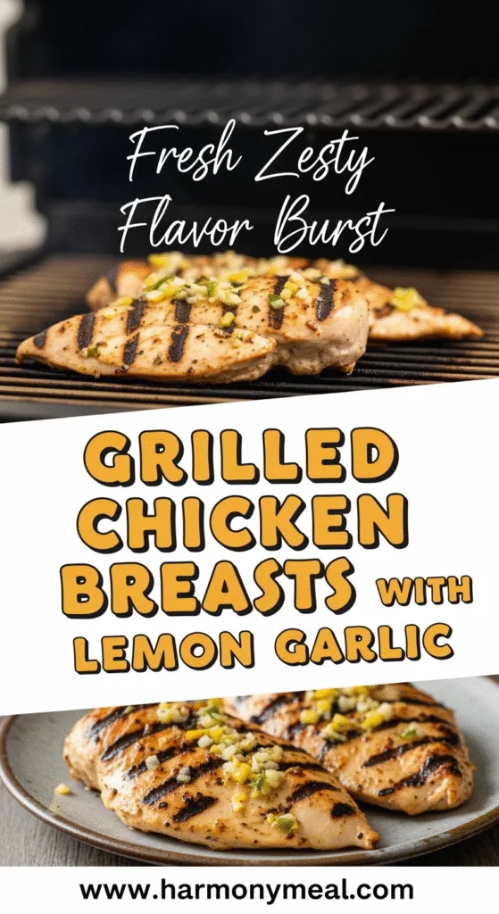 Grilled chicken breasts with lemon garlic marinade on rustic plate