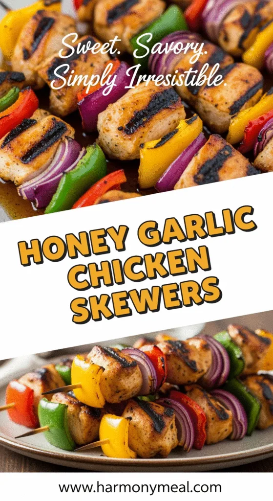 Honey garlic chicken skewers grilled with vibrant peppers and onions