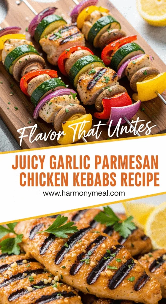 Juicy Garlic Parmesan Chicken Kebabs grilled with colorful vegetables fresh herbs
