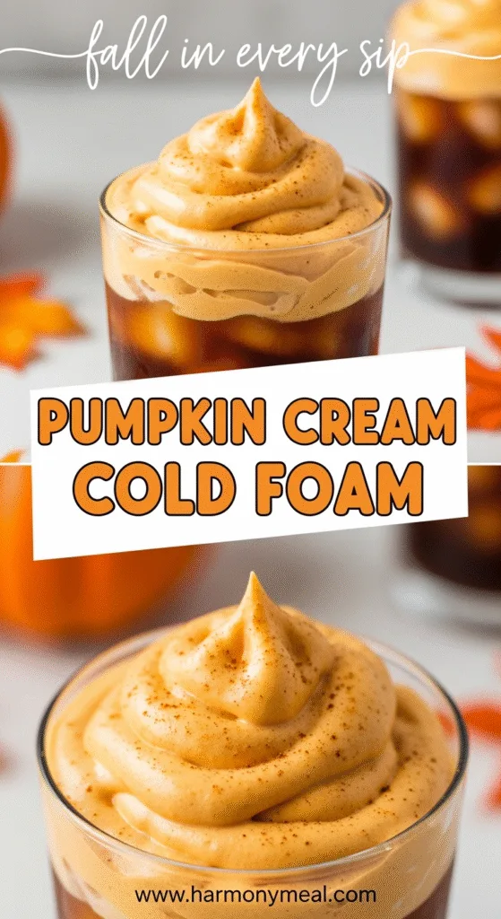 Iced cold brew coffee with creamy pumpkin foam, vibrant autumn layers