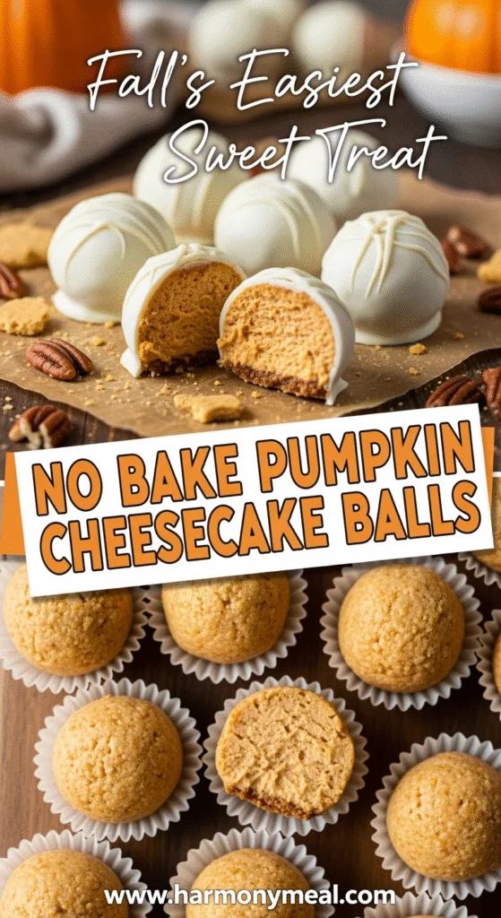 No bake pumpkin cheesecake balls coated glossy white chocolate, creamy texture