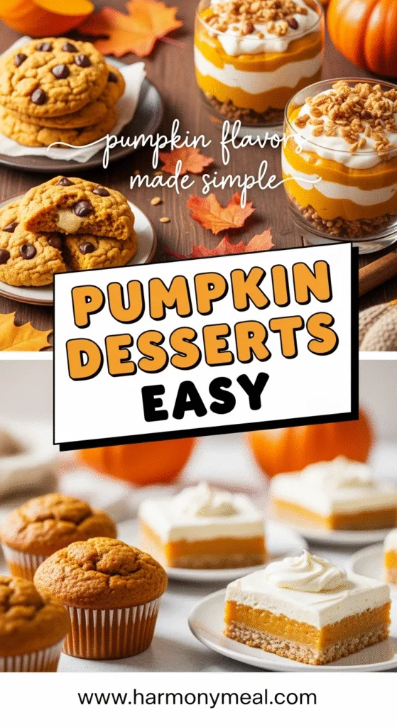 Pumpkin desserts easy: fluffy cookies, parfait, muffins, bars in cozy fall setting