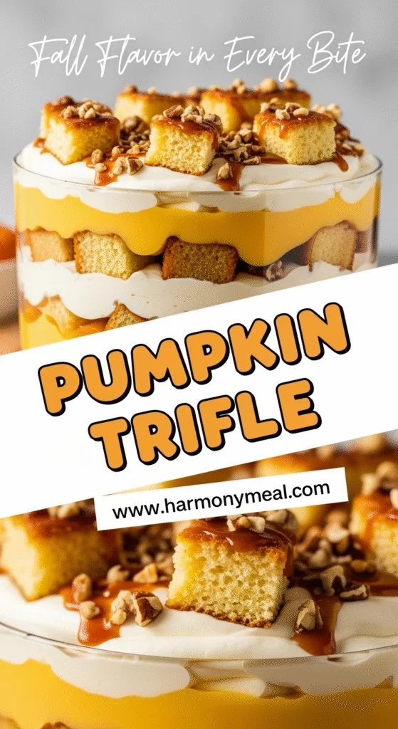 Pumpkin trifle dessert with creamy layers, cake cubes, nuts, caramel drizzle