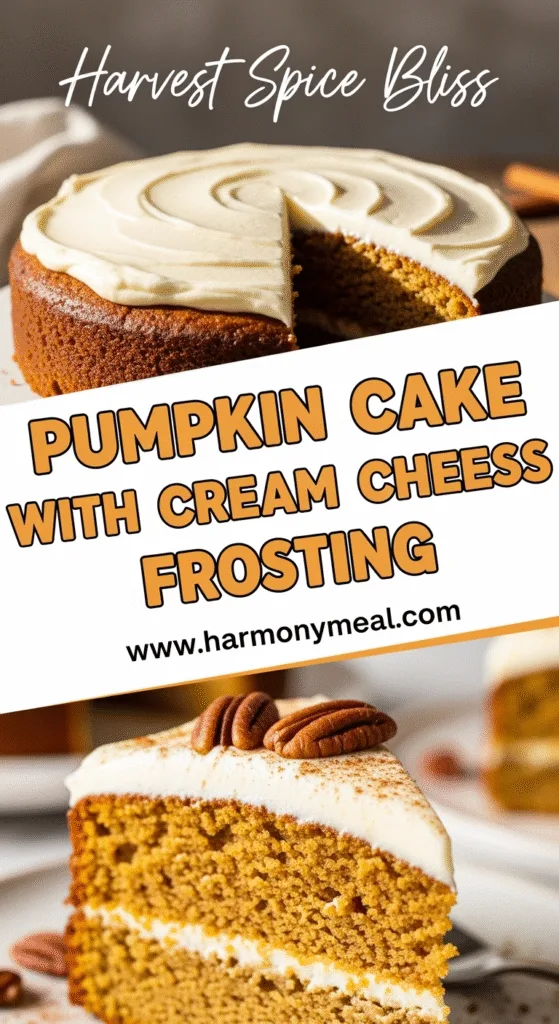 Moist pumpkin cake with cream cheese frosting topped with toasted pecans