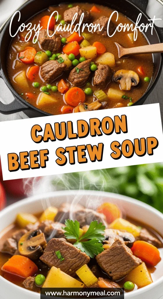 Cauldron beef stew soup with tender vegetables in rustic cast-iron pot