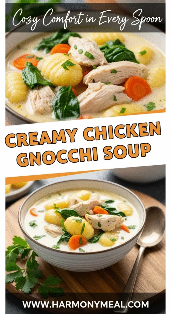 Creamy chicken gnocchi soup with tender chicken, spinach, and carrots bowl