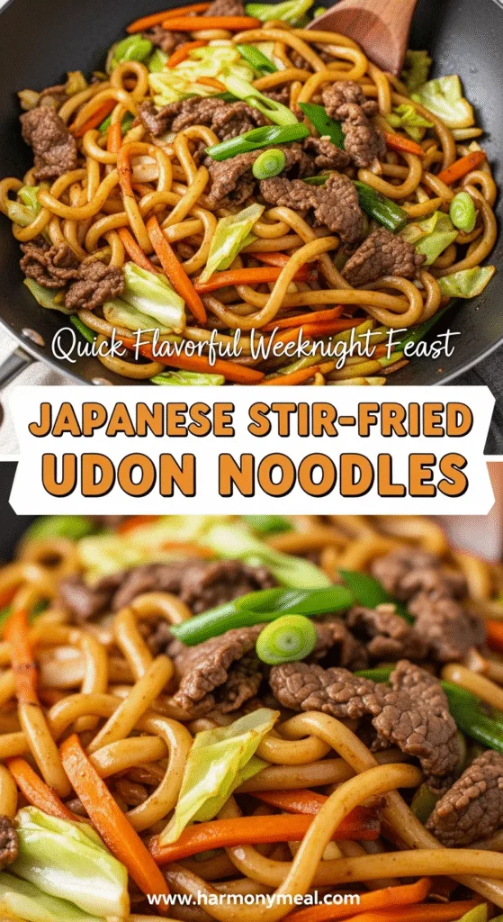 Japanese stir-fried udon noodles with beef and vibrant vegetables.