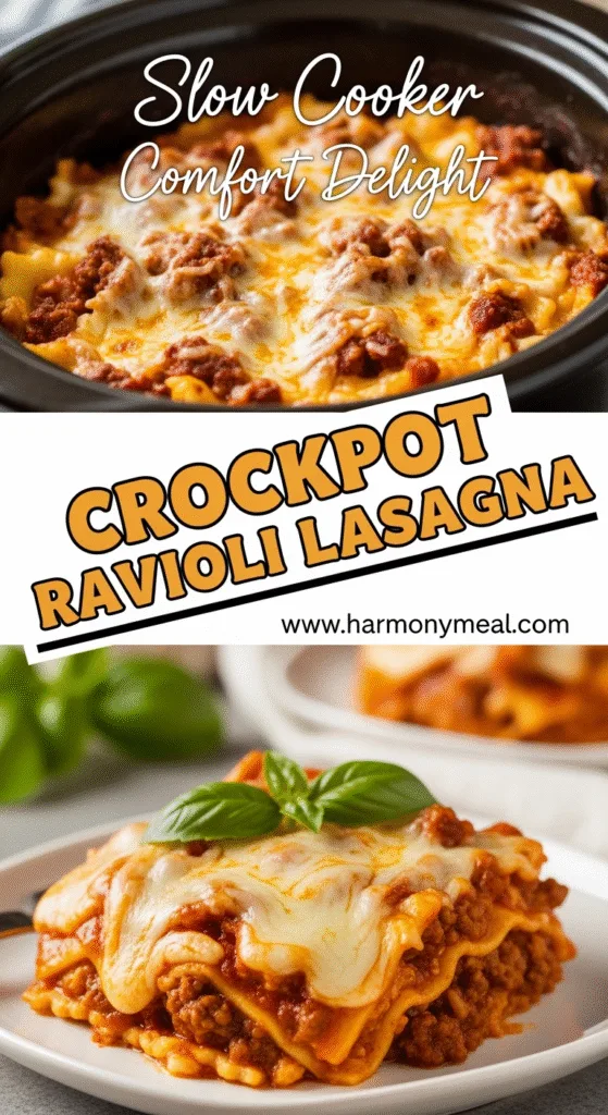 Crockpot Ravioli Lasagna with melted cheese and rich meat sauce layers
