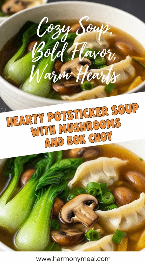 Hearty potsticker soup with mushrooms and bok choy close-up photo